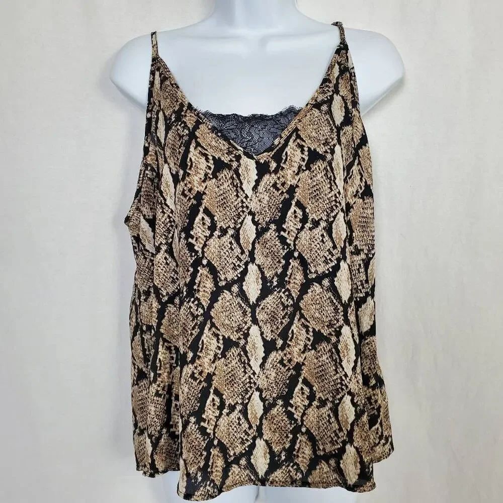 Collection 526 Women’s Snake Print Lace Trim Cami Tank Top Large